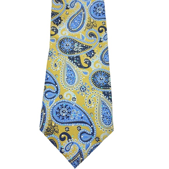 Manzini Tie‎ Mens Yellow Blue Paisley Print Polyester Abstract Necktie - Picture 3 of 7